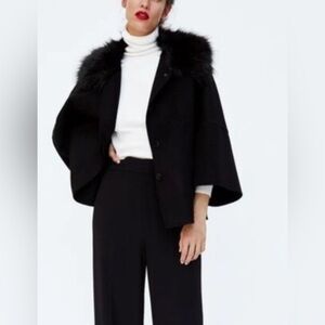 ZARA Wool Elegant Black Faux Fur Trim Cape Coat Size Small